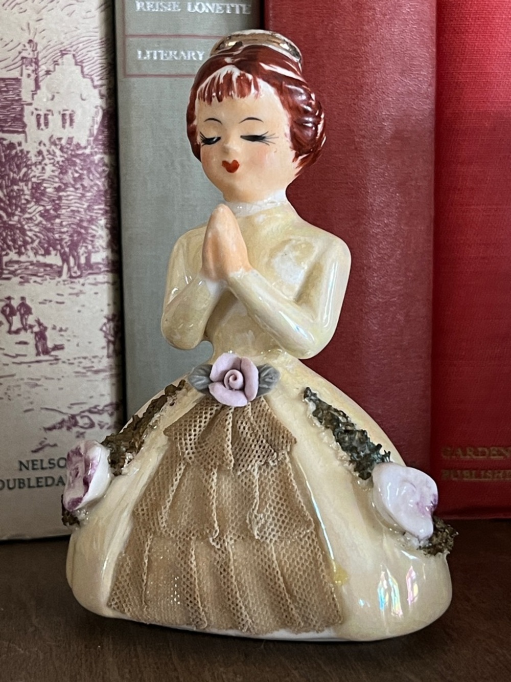 Vintage Japan “For My Daily Prayers” Lady Figurine Dresden Lace Style Porcelain